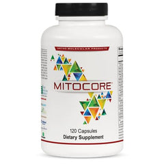 Ortho Molecular Mitocore bottle close-up showing energy-support blend for daily vitality.
