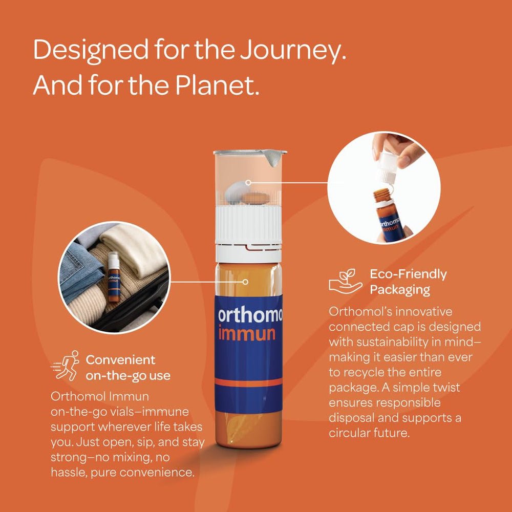 Orthomol Immun lifestyle routine with pills and vial.