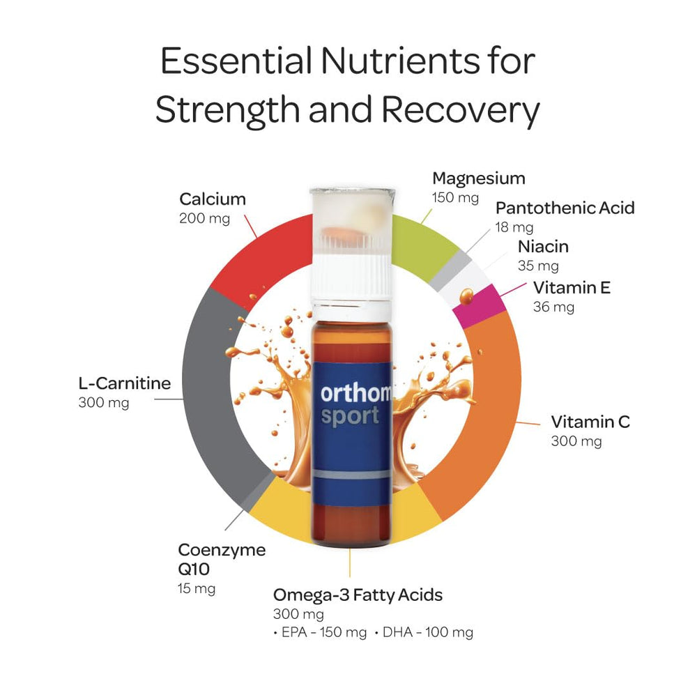 Orthomol Sport bottle being poured to illustrate simple daily intake