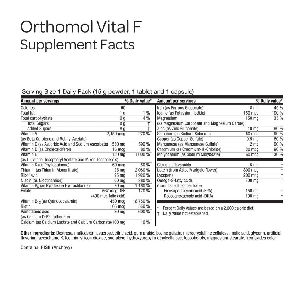 Orthomol Vital F female formulation label highlighting lactose-free and gluten-free
