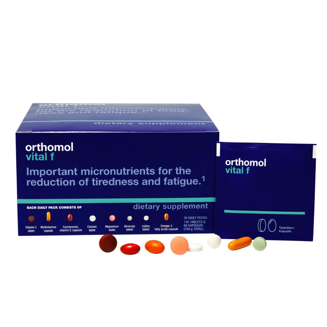 Orthomol Vital F bottle on counter for daily wellness support.