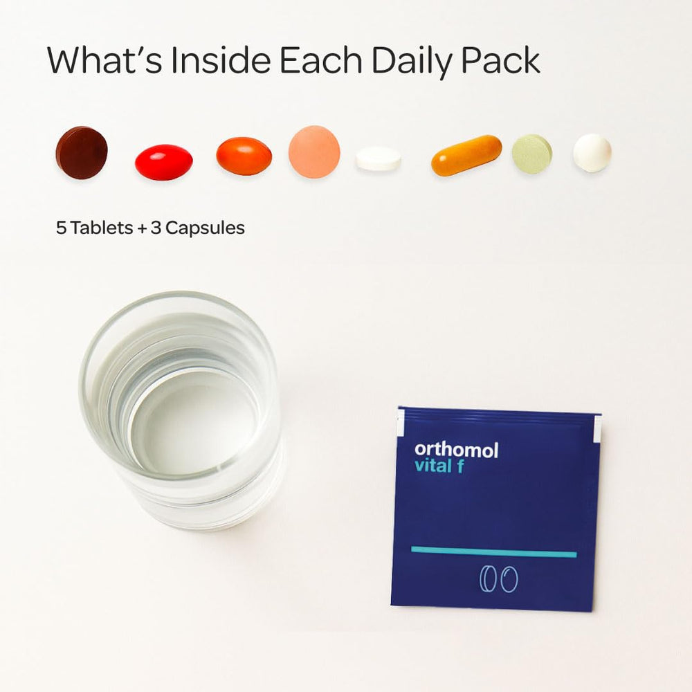 Orthomol Vital F daily-dose concept showing one tablet per day.