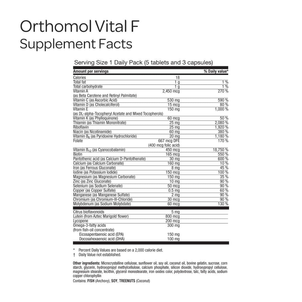 Orthomol Vital F packaging box emphasizing a 30-day supply for women, supporting daily wellness.