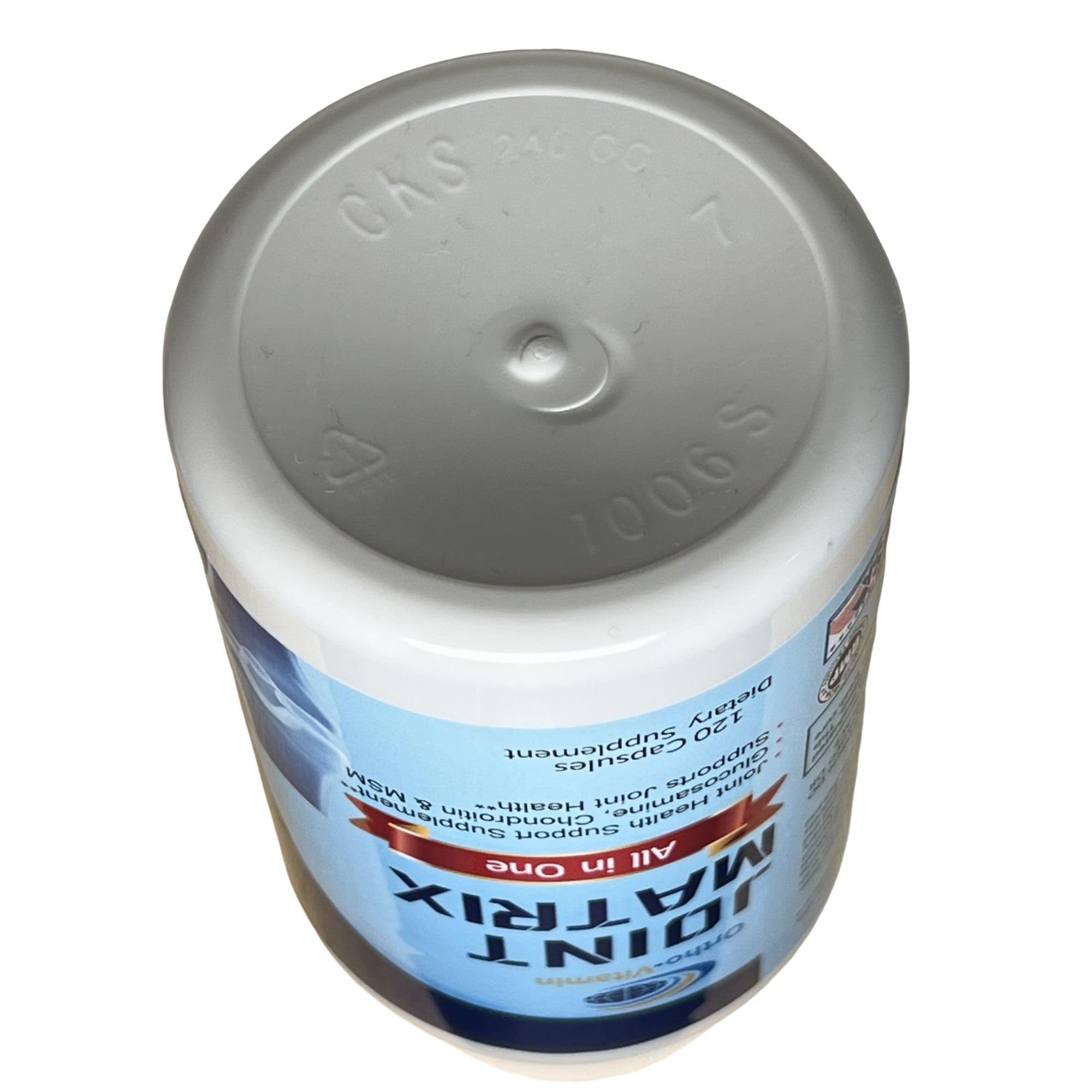 Bottle with glass of water suggests easy daily use with ORTHO-VITAMIN Joint Matrix.