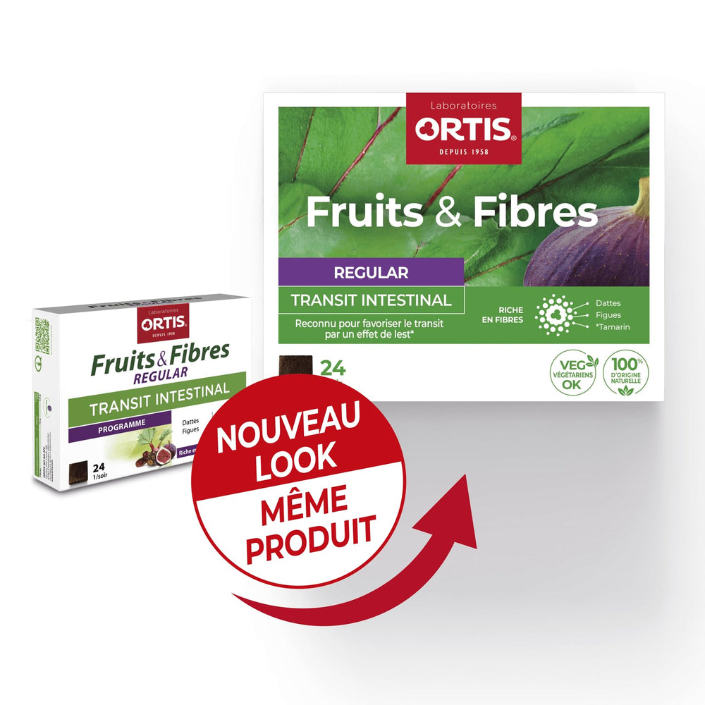 Ortis Fruits and Fibres Regular 24 cubes ingredients label highlights plant-based components and fiber sources.