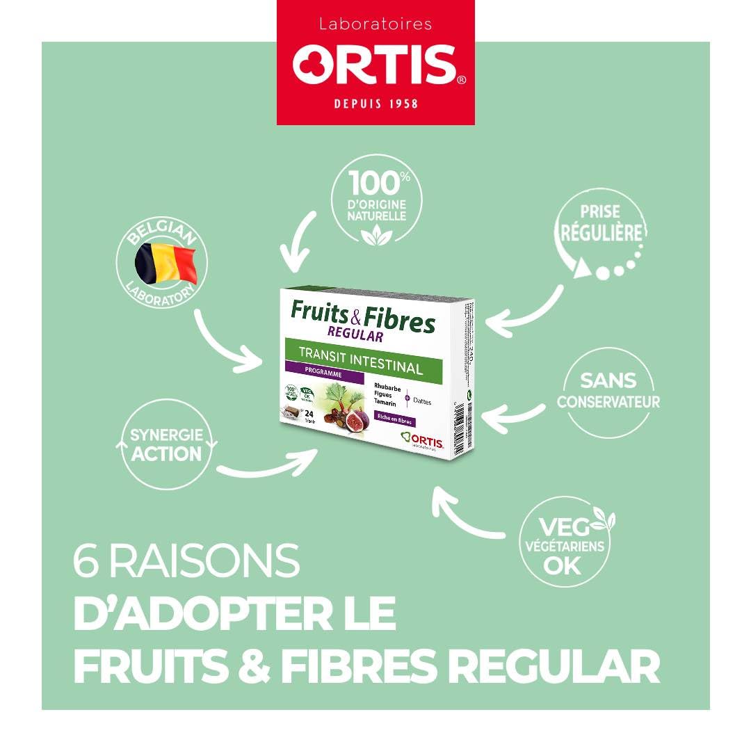 Ortis Fruits and Fibres Regular 24 cubes rhubarb extract close-up signals standardized active ingredient.