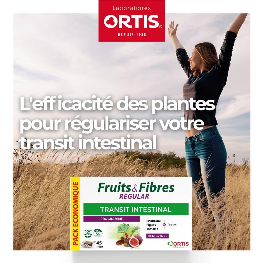 Ortis Fruits & Fibres Regular packaging label communicates nutritional supplement benefits