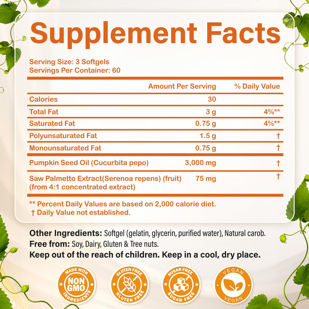 ORVAE ingredients panel shows 3000mg pumpkin seed oil and 300mg saw palmetto