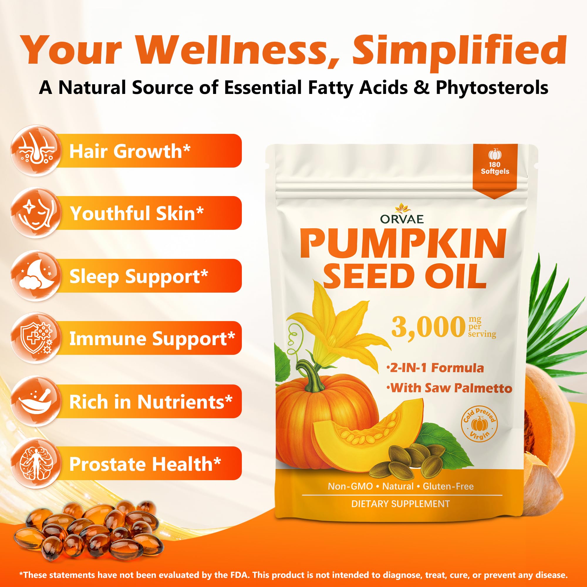 ORVAE pumpkin seed oil amber bottle label highlights potent ingredients