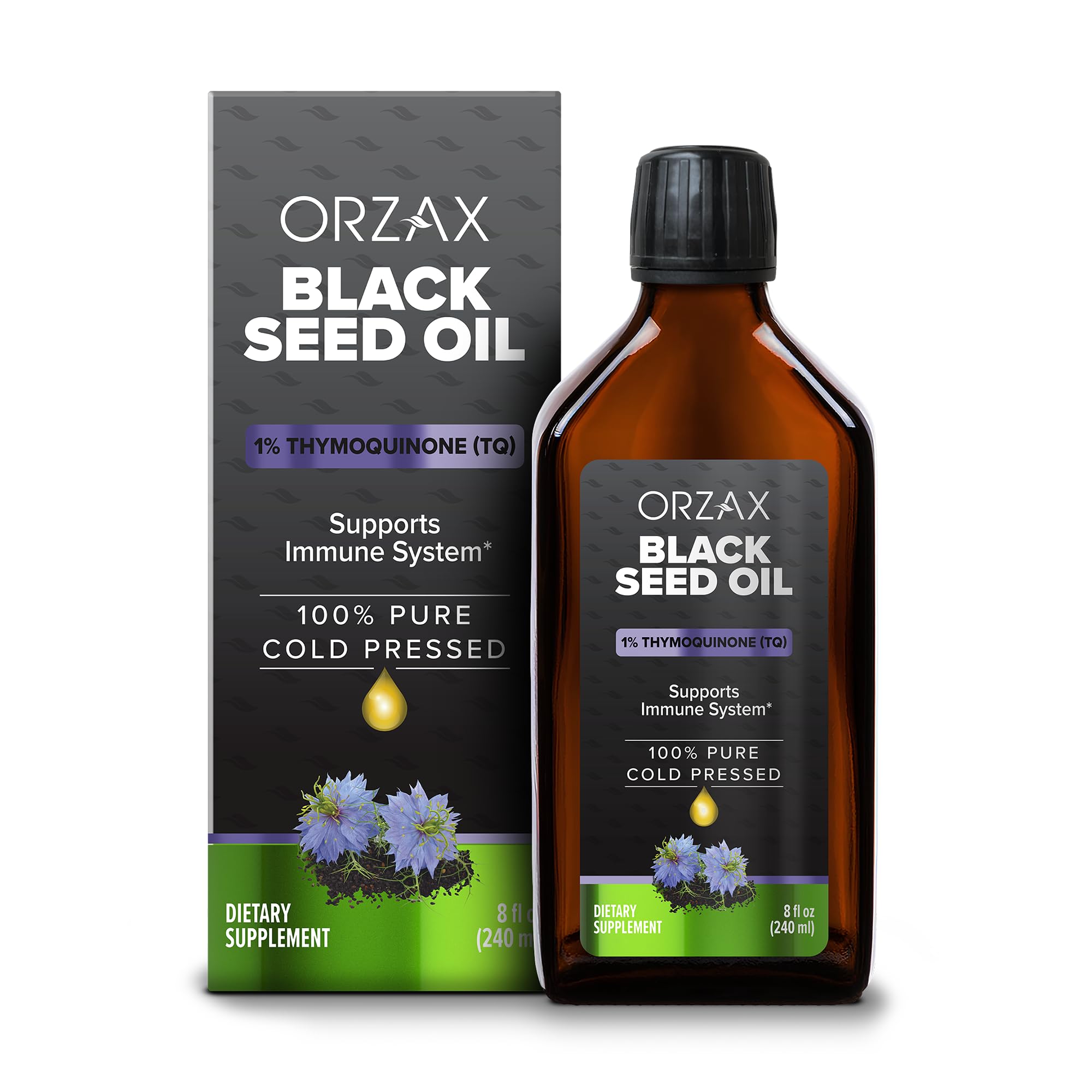 ORZAX Black Seed Oil bottle – 8 oz glass, ideal for daily skin and hair care.