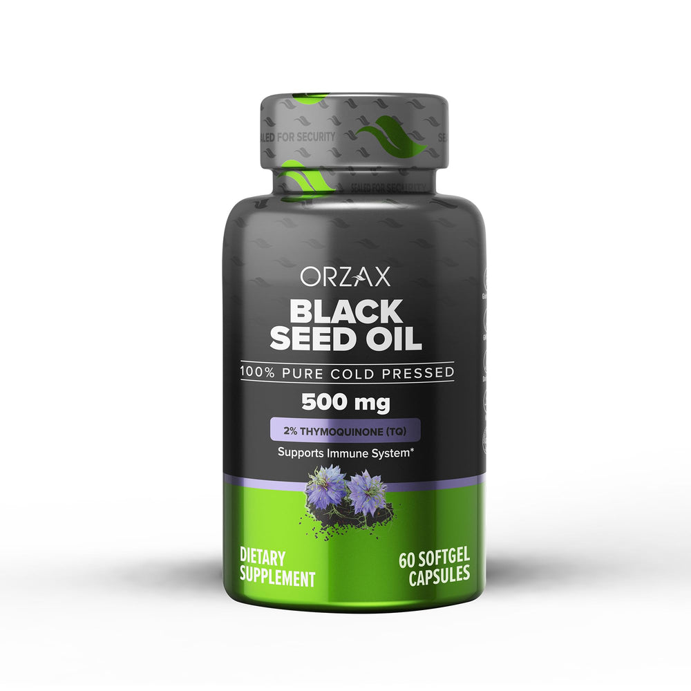 ORZAX Black Seed Oil bottle viewed on a clean surface, for daily wellness support.