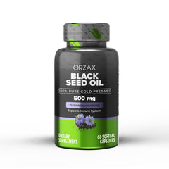 ORZAX Black Seed Oil bottle viewed on a clean surface, for daily wellness support.