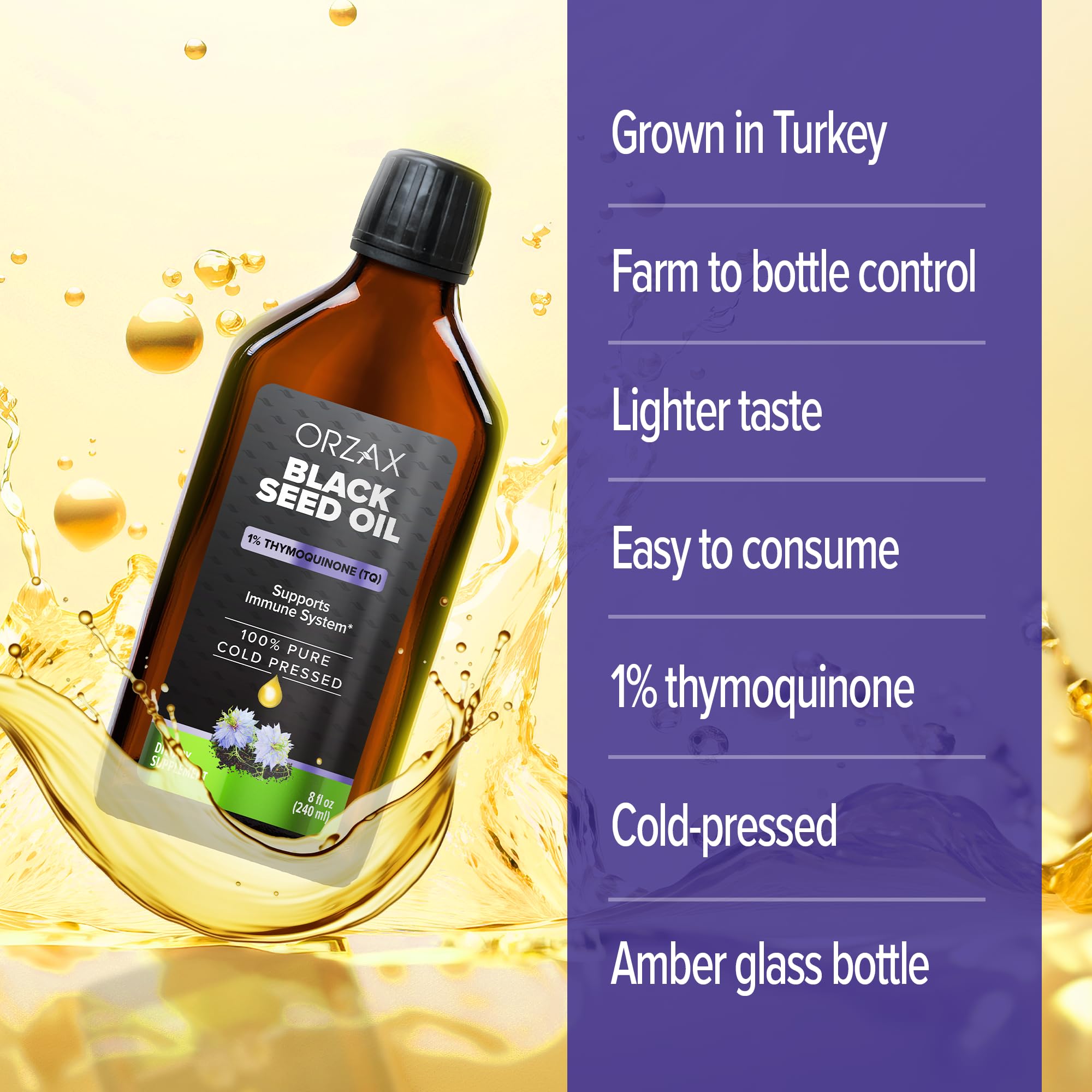 ORZAX Black Seed Oil drops pour – smooth stream for meals or coffee.