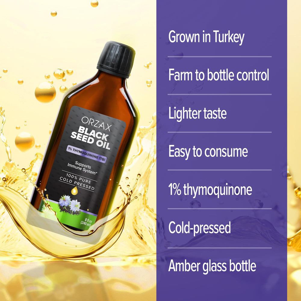 ORZAX Black Seed Oil drops pour – smooth stream for meals or coffee.