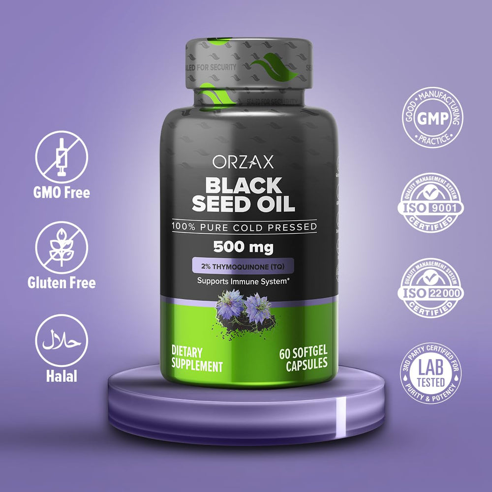 ORZAX Black Seed Oil label front highlights 500 mg oil and thymoquinone.