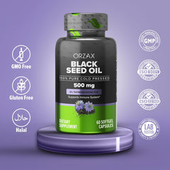 ORZAX Black Seed Oil label front highlights 500 mg oil and thymoquinone.
