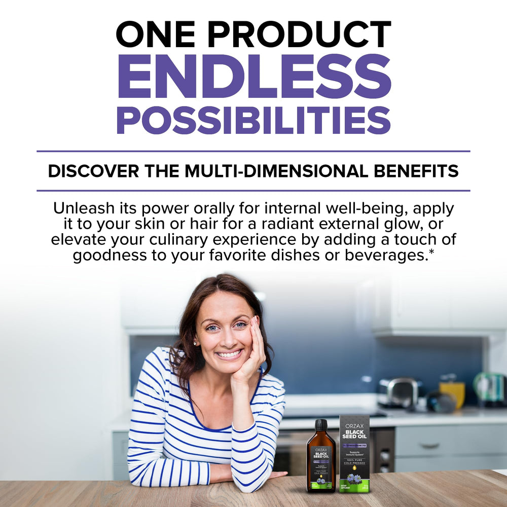 ORZAX Black Seed Oil label – clear vegan, gluten-free, non-GMO details.