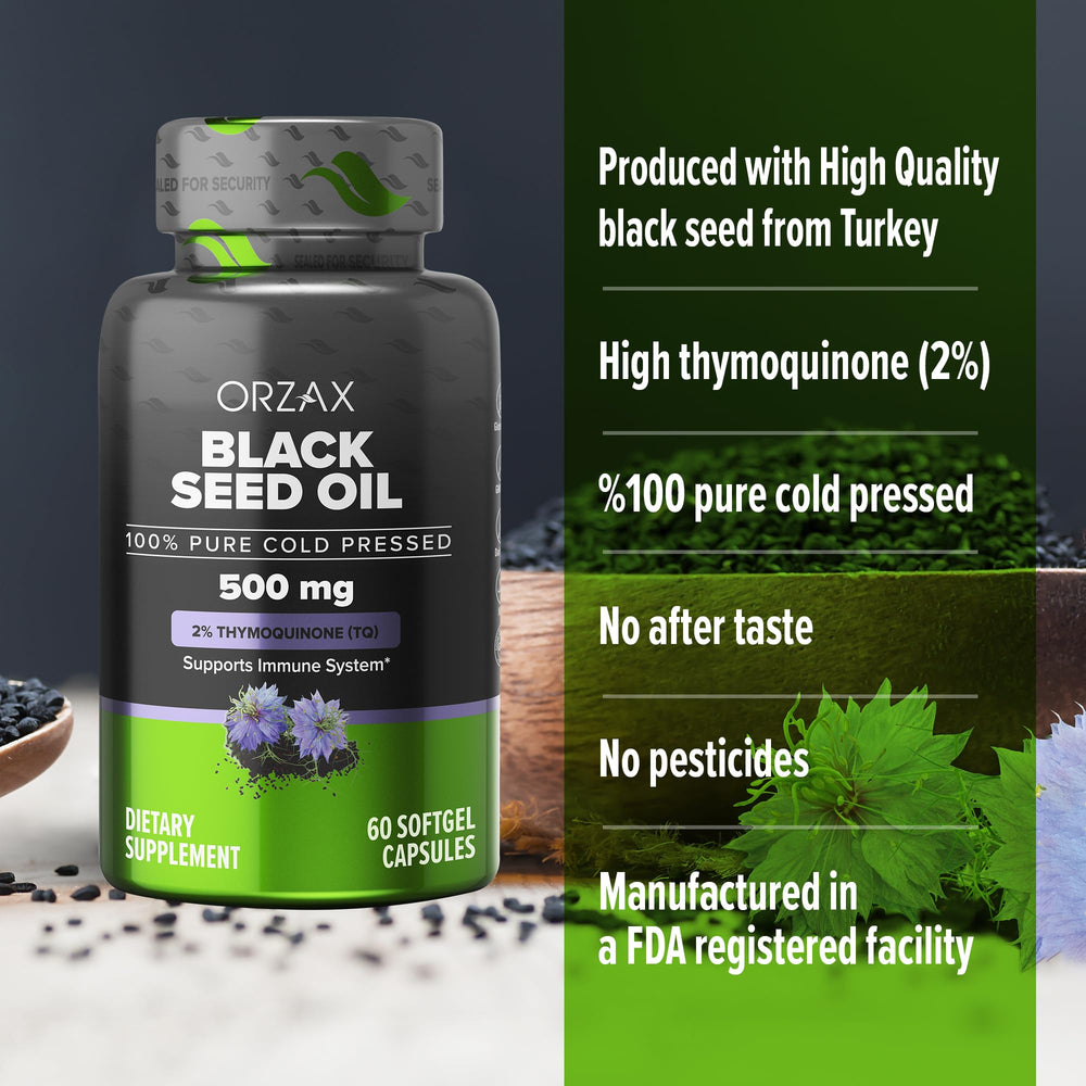 ORZAX Black Seed Oil oil drop close-up shows rich amber texture.