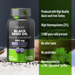 ORZAX Black Seed Oil oil drop close-up shows rich amber texture.