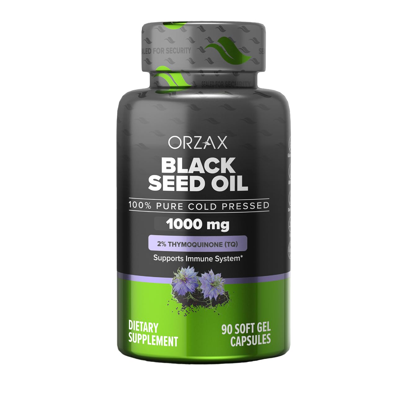 ORZAX Black Seed Oil softgel bottle with 1000 mg capsules for daily wellness