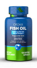 ORZAX Omega-3 fish oil bottle on a kitchen counter for daily wellness.