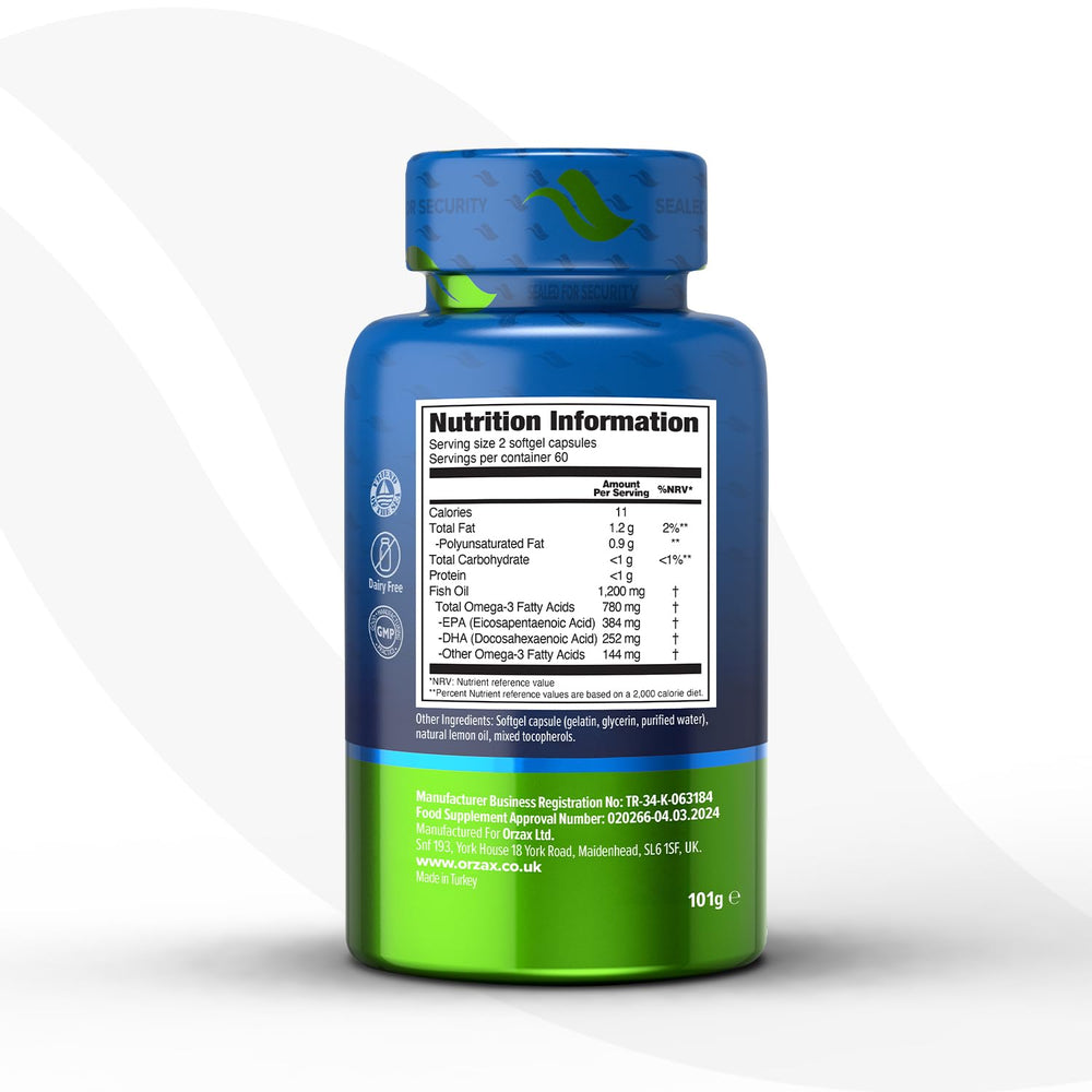 Close-up of ORZAX Omega-3 softgels showing lemon flavor and smooth texture.