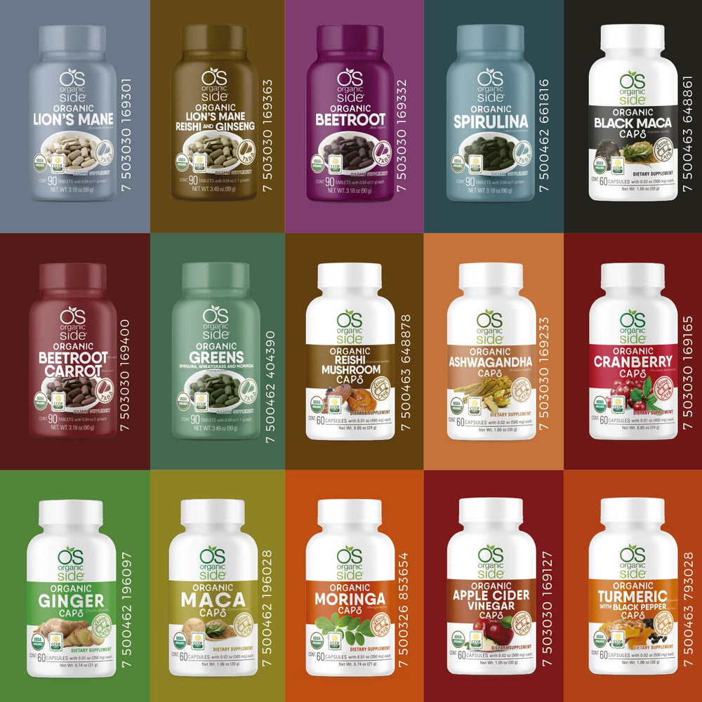 Close-up of OS Organic Side maca capsules showing quality and consistency.