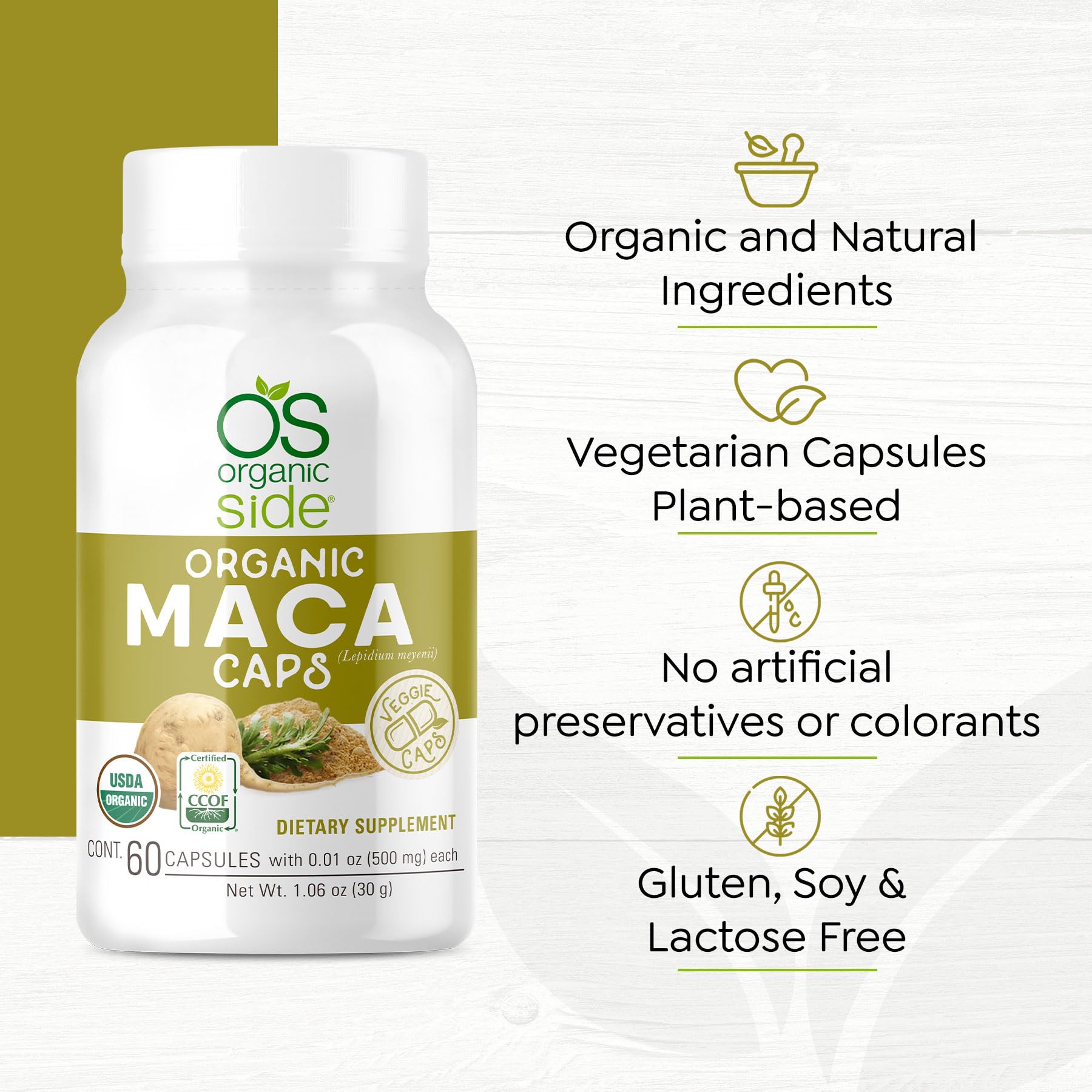 OS Organic Side maca capsules easy daily use in capsules.