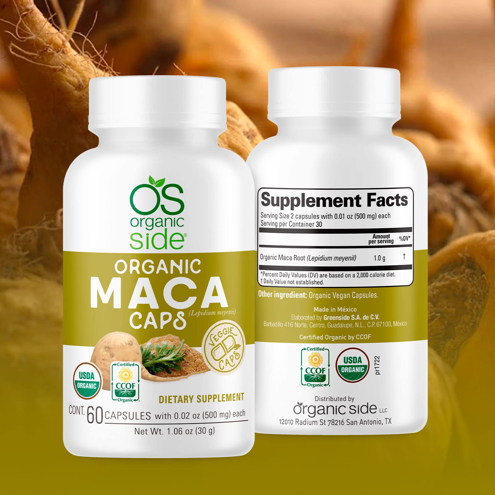 OS Organic Side maca capsules vegan non-GMO formula.