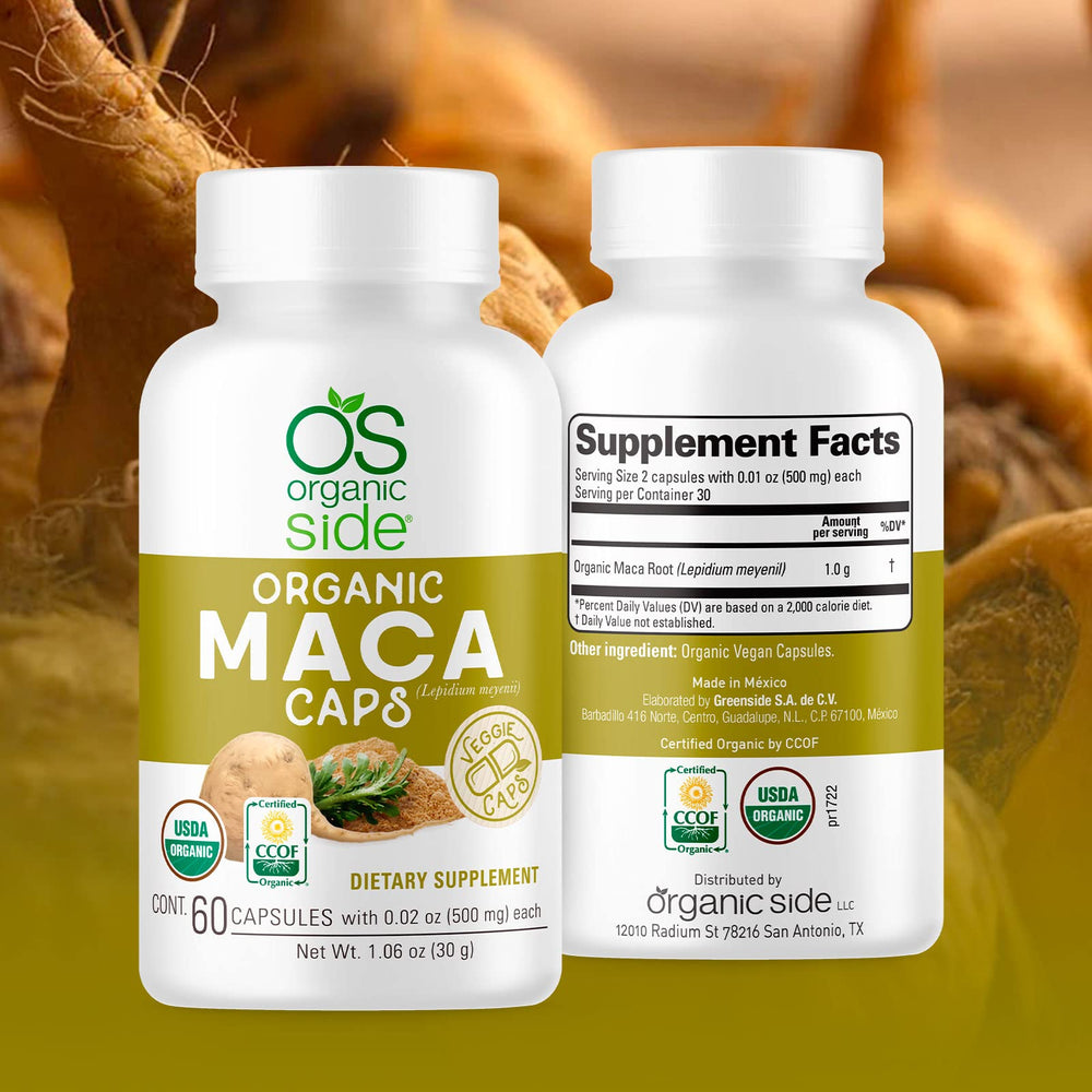 OS Organic Side maca capsules vegan non-GMO formula.