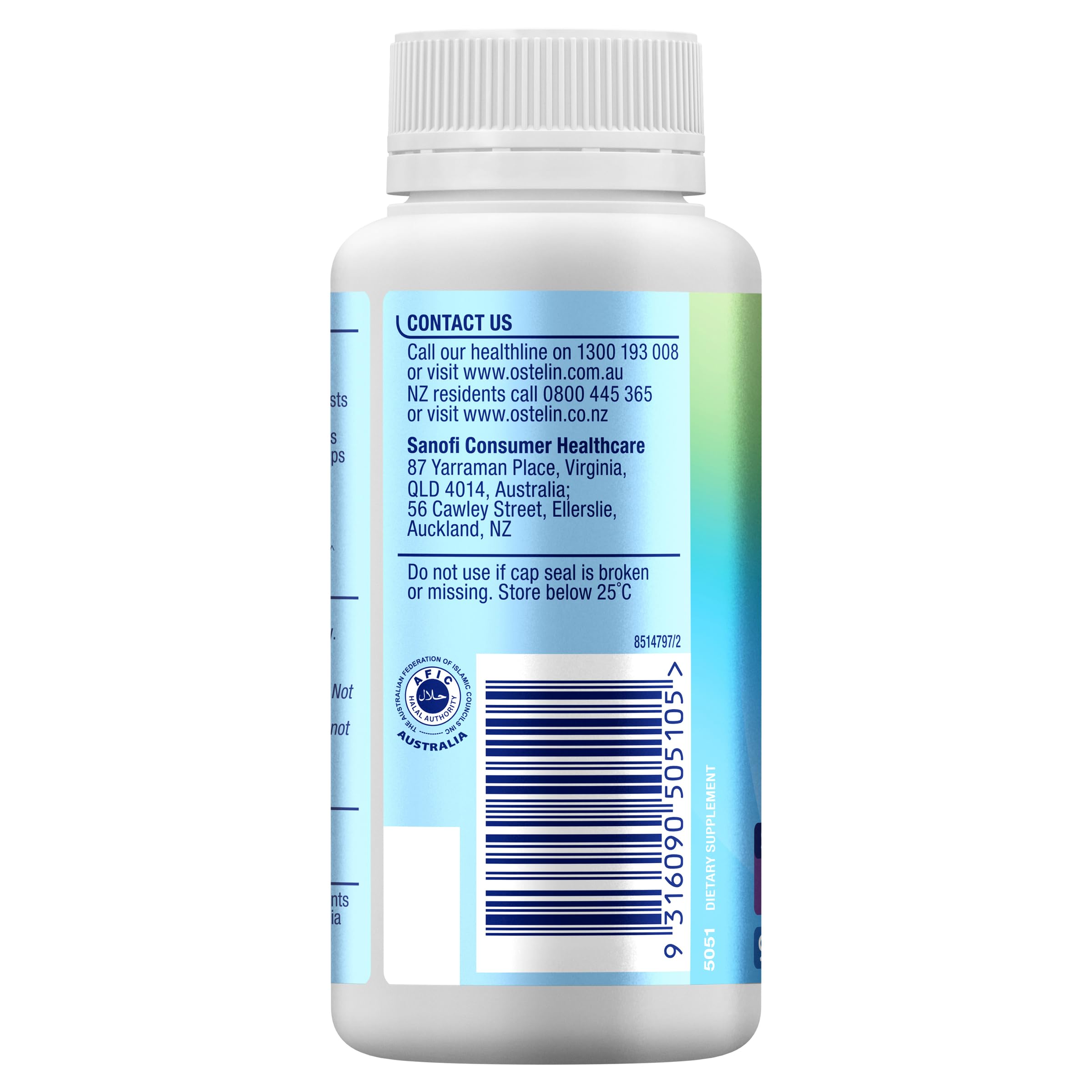 Nutrition facts panel of Ostelin Kids Calcium D3