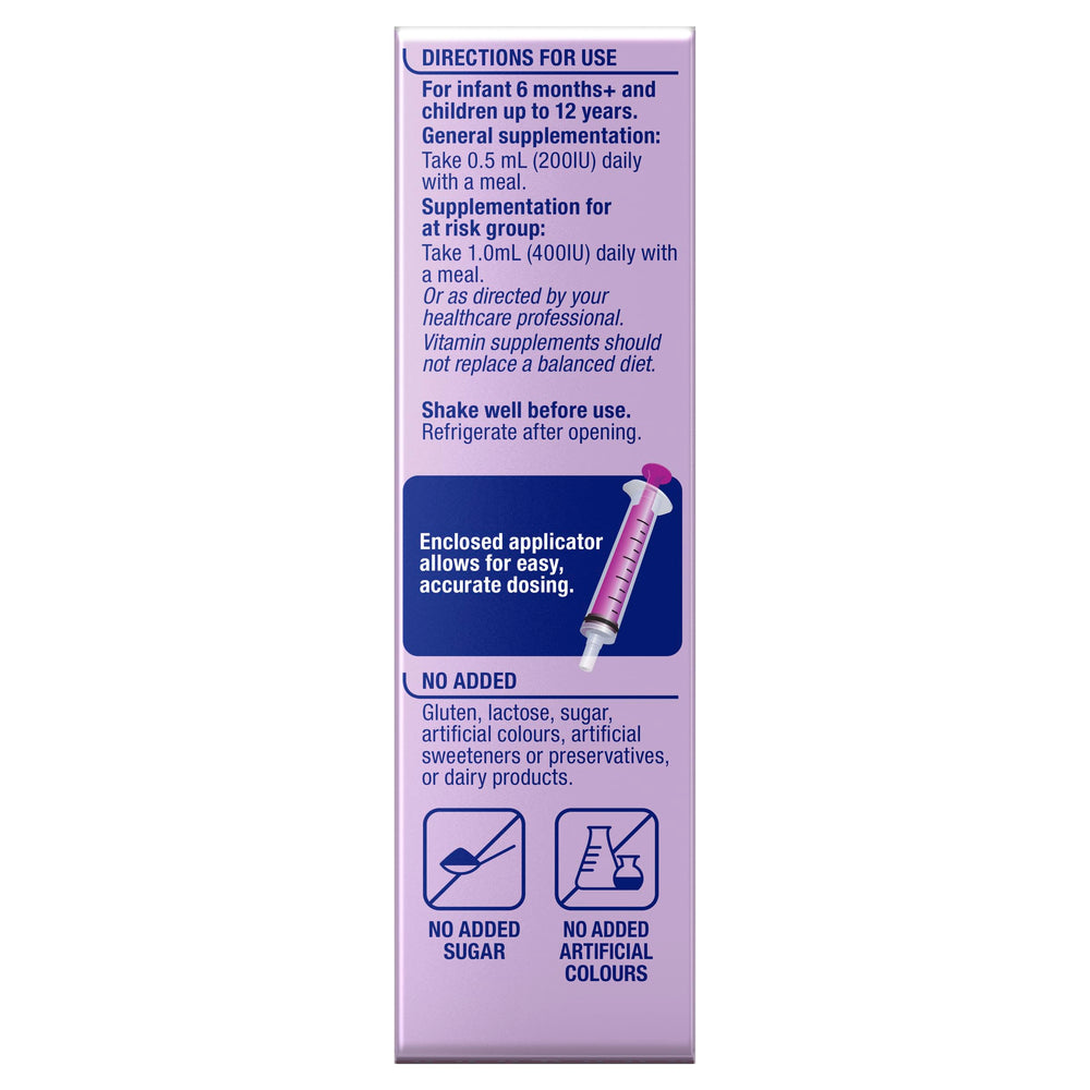 No added sugar or artificial colours in Ostelin Kids Vitamin D Liquid.
