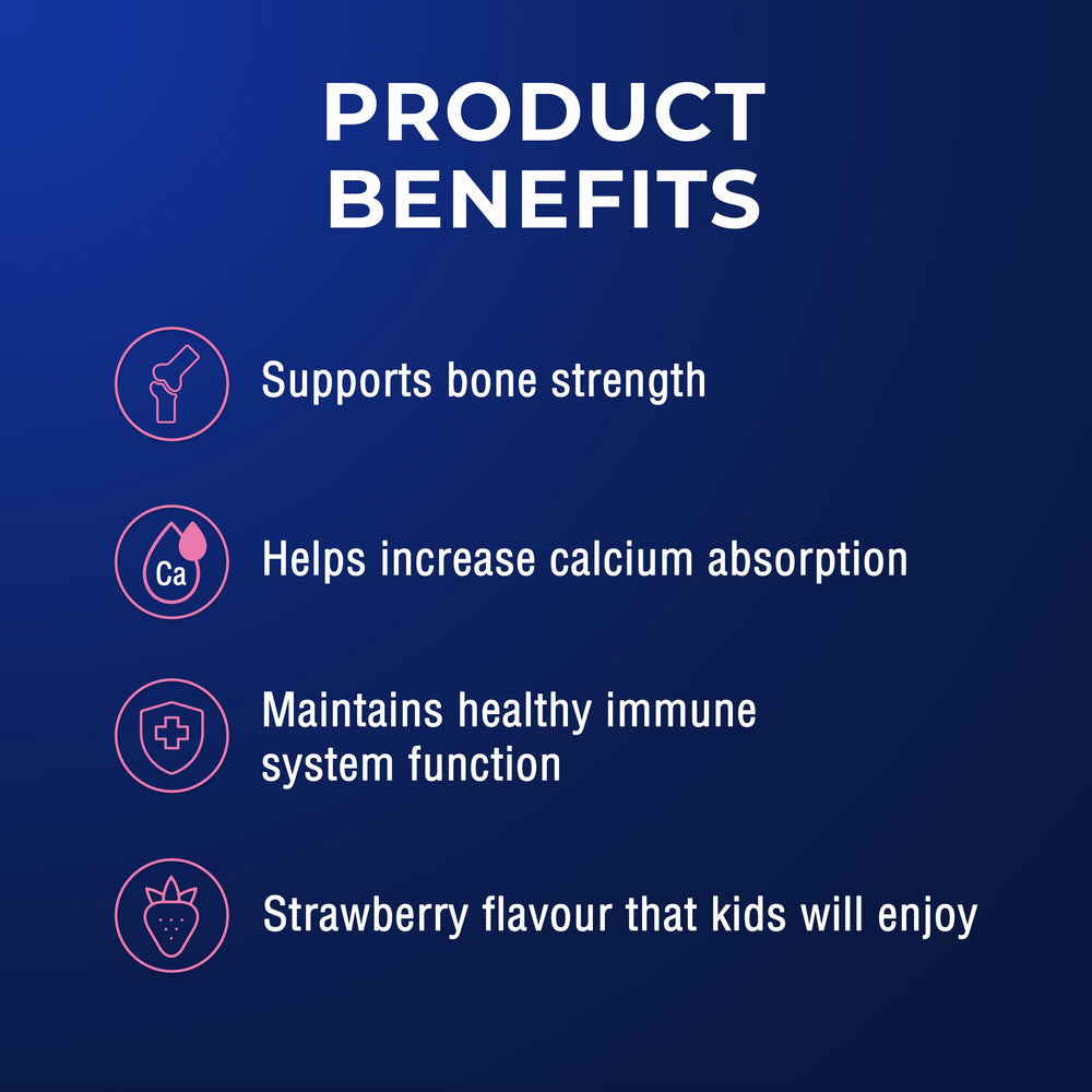 Ostelin Kids Vitamin D Liquid in strawberry flavour appeals to children.