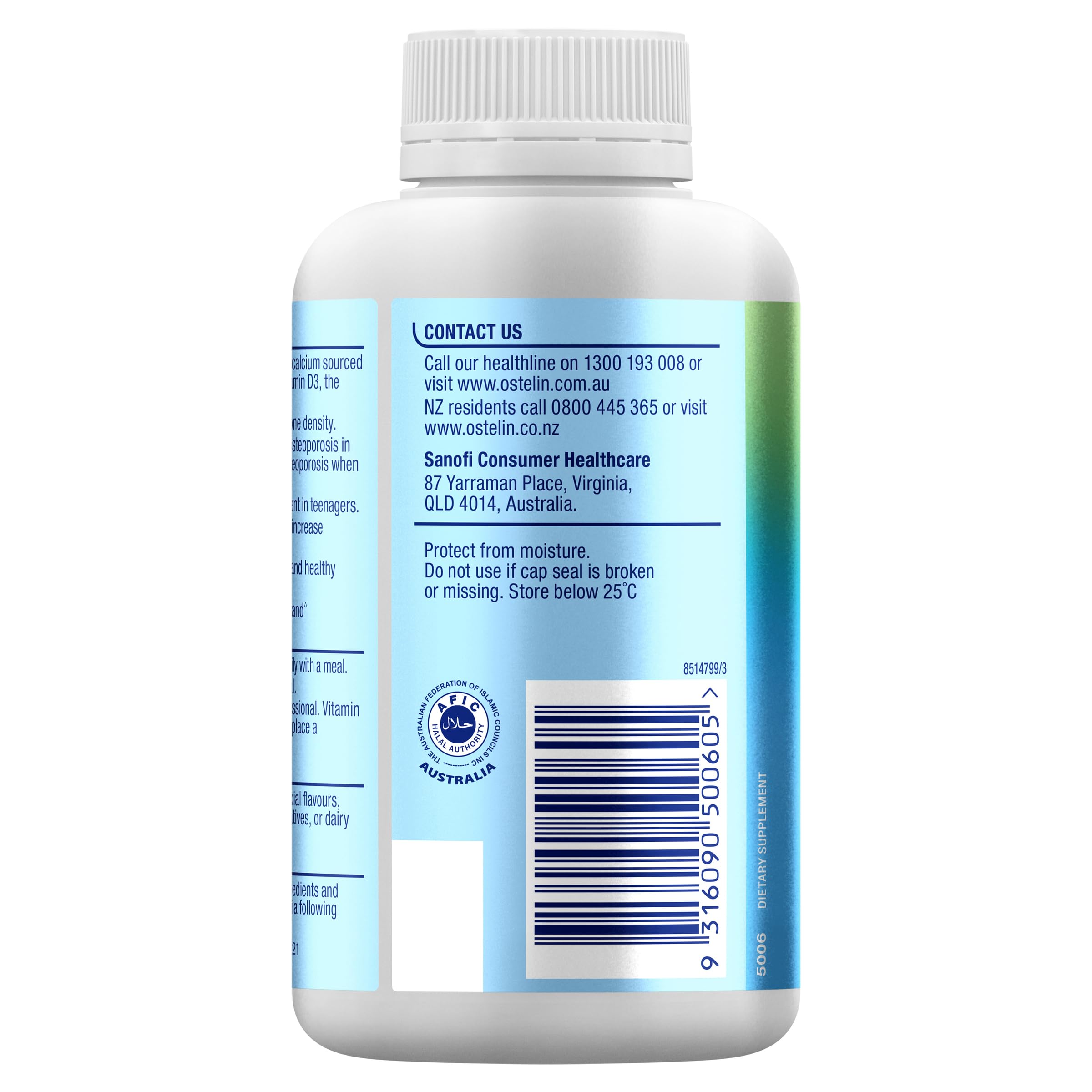 Two Ostelin tablets shown with dosage guidance for teens and adults.