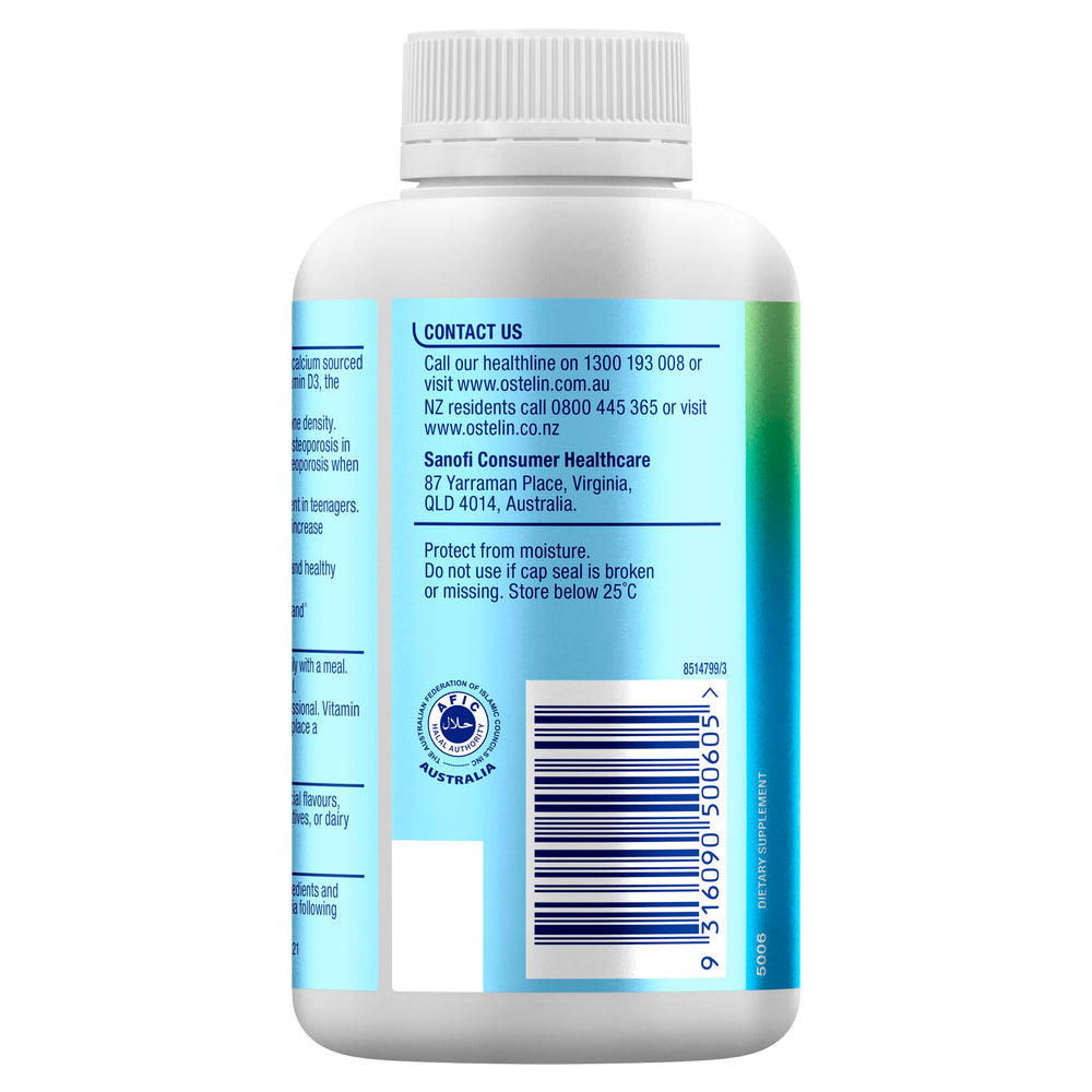 Two Ostelin tablets shown with dosage guidance for teens and adults.