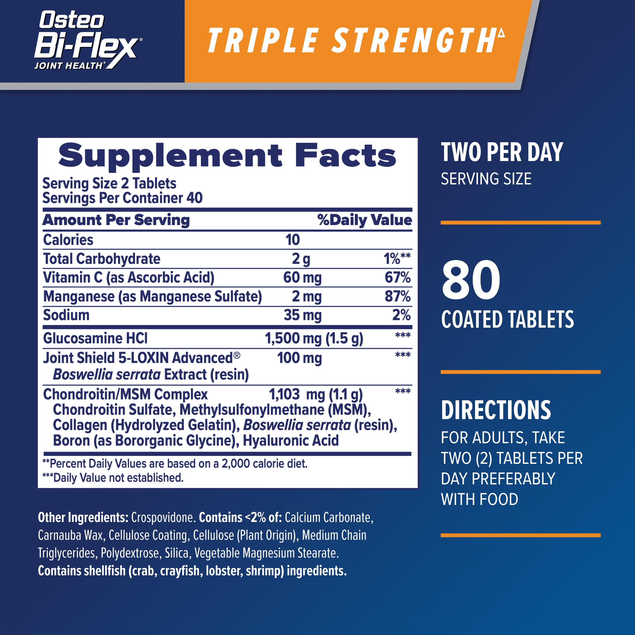 Osteo Bi-Flex bottle label highlights glucosamine chondroitin for joint lubrication.