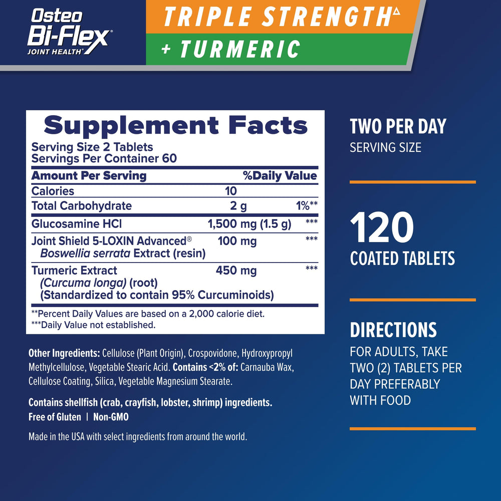 Osteo Bi-Flex triple-strength tablets with turmeric shown in bottle for enhanced joint health.