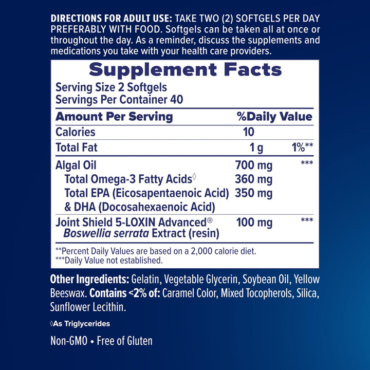 Osteo Bi-Flex Advanced Omega-3 algae oil origin emphasizing plant-based source.