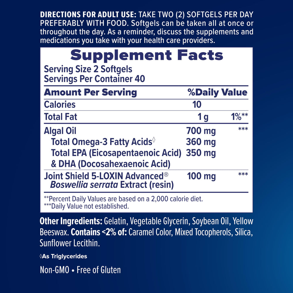 Osteo Bi-Flex Advanced Omega-3 algae oil origin emphasizing plant-based source.