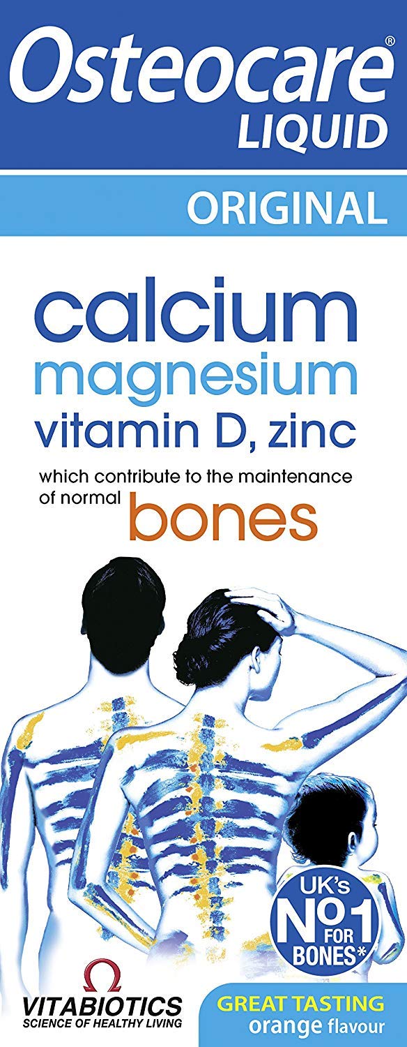 Osteocare Bone Health Liquid bottle pour showing calcium with vitamin D for bone support.