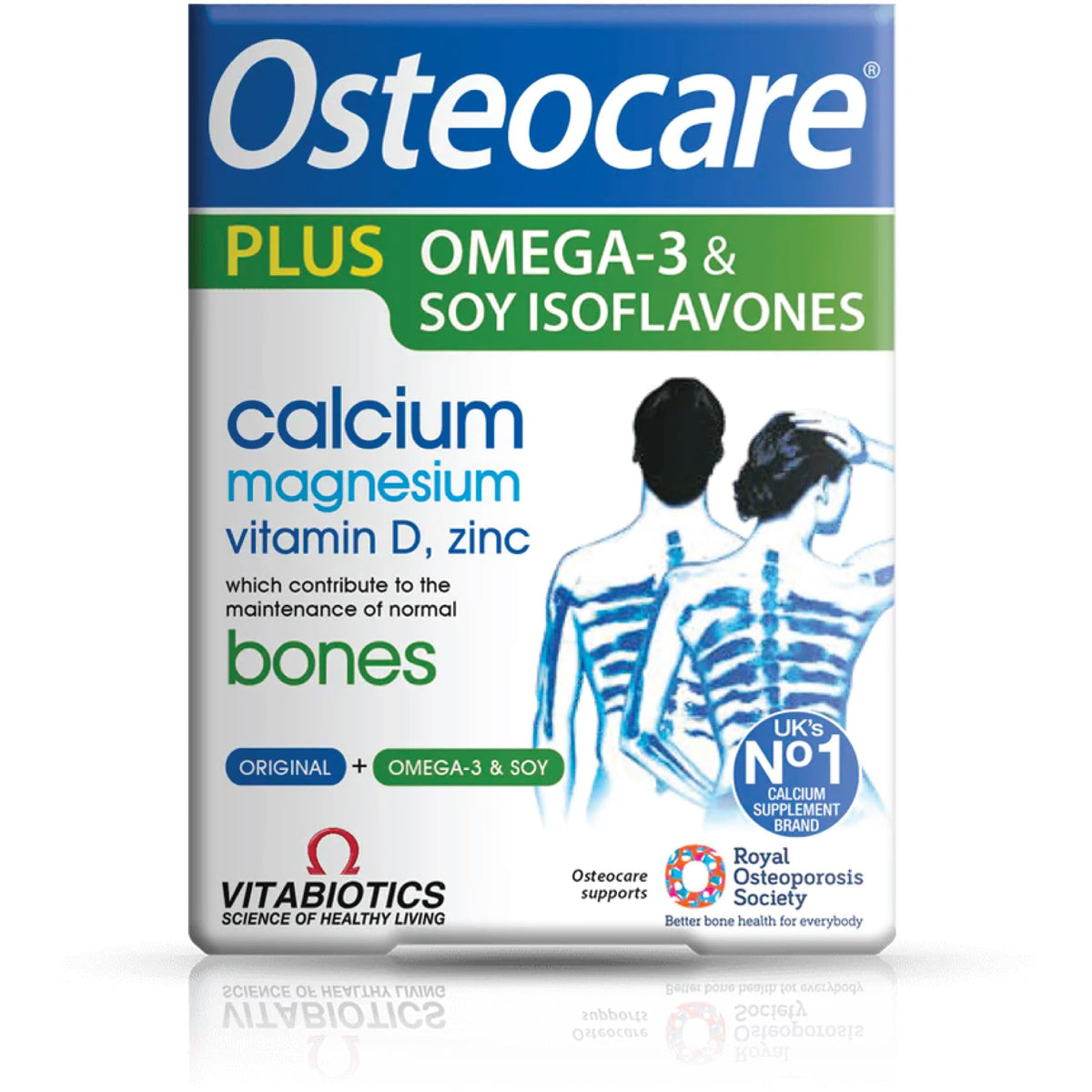 Osteocare Plus bottle front emphasizing calcium and vitamin D for bone support.