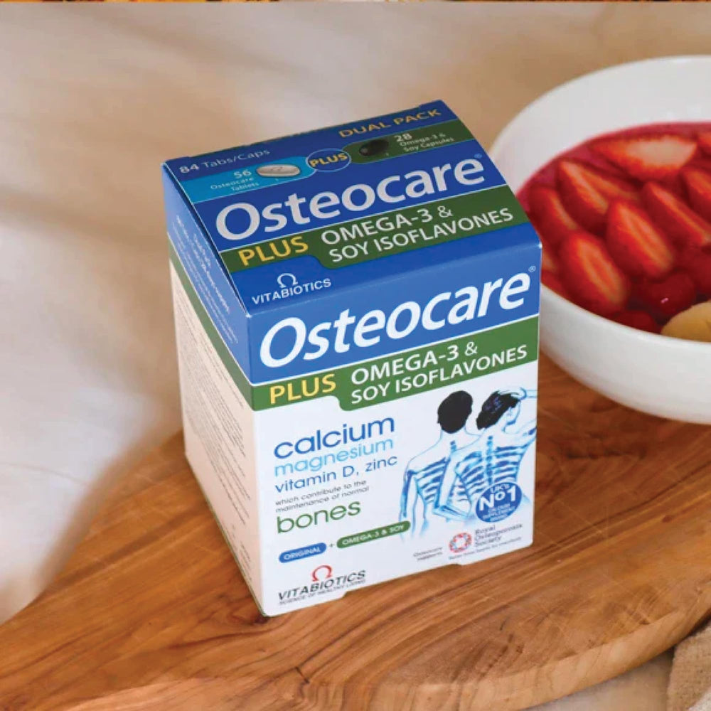 Osteocare Plus 2-in-1 pack showcases dual tablets and capsules for convenient daily nutrition.