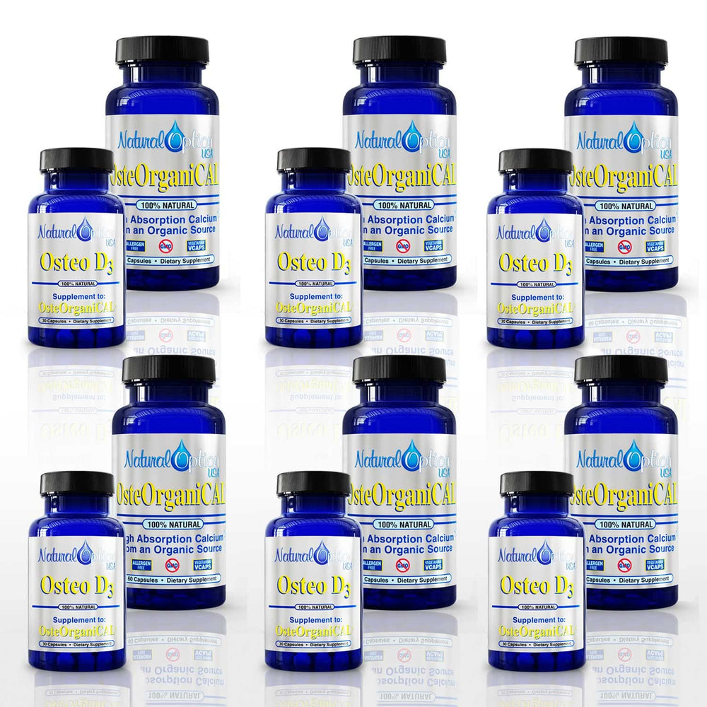 OsteOrganiCAL bone builder packaging highlights algae-based calcium supporting daily mobility.