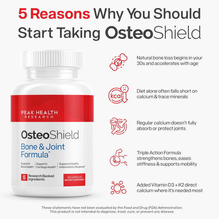 OsteoShield product bottle beside active lifestyle imagery encouraging mobility.