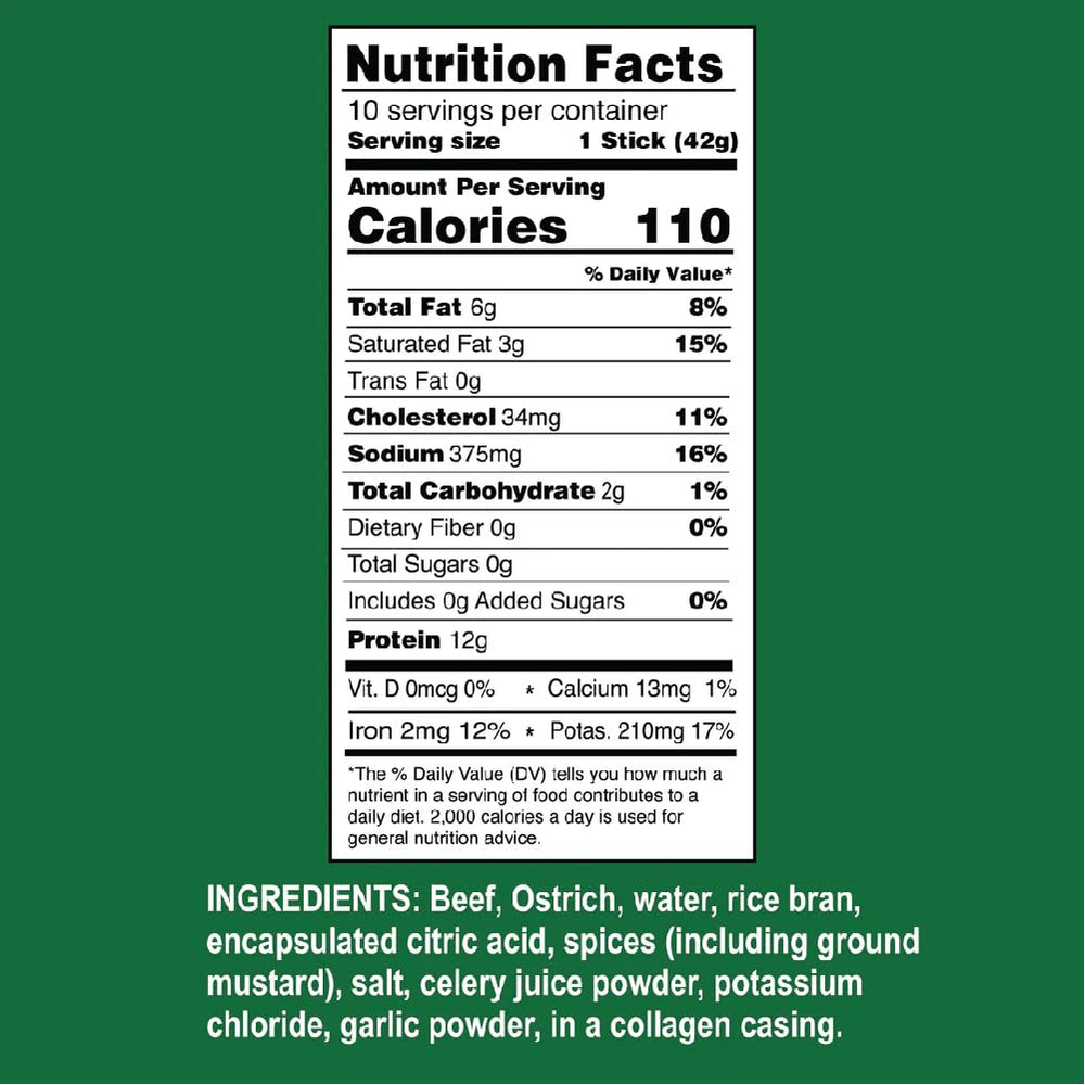 Ostrim ingredients and nutrition label visible on snack sticks for quick reference