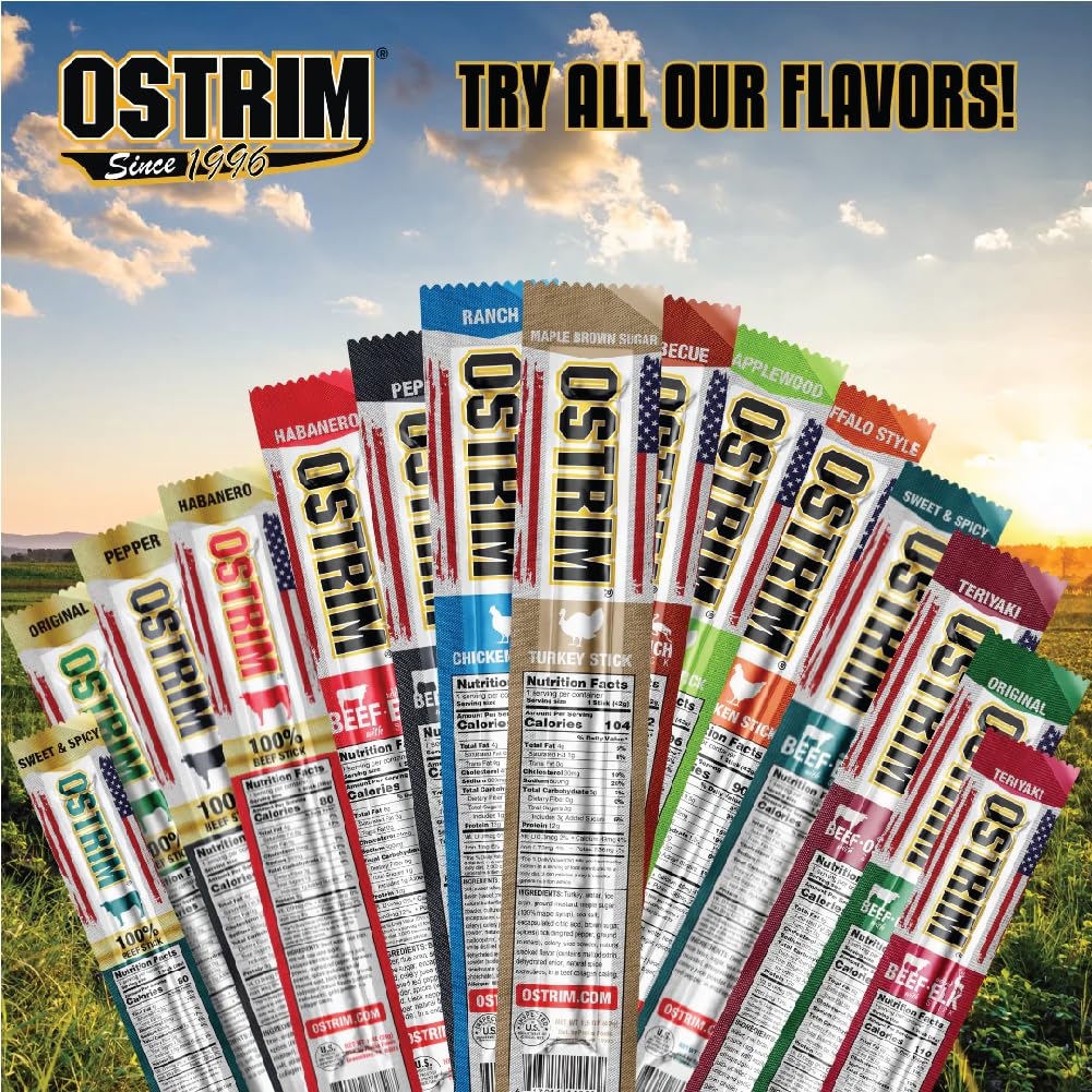 Ostrim nutrition label on BBQ jerky packaging.