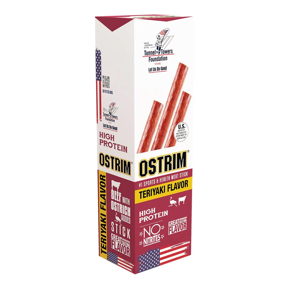 Ostrim Teriyaki beef and ostrich jerky packaging with ten sticks for on-the-go protein.