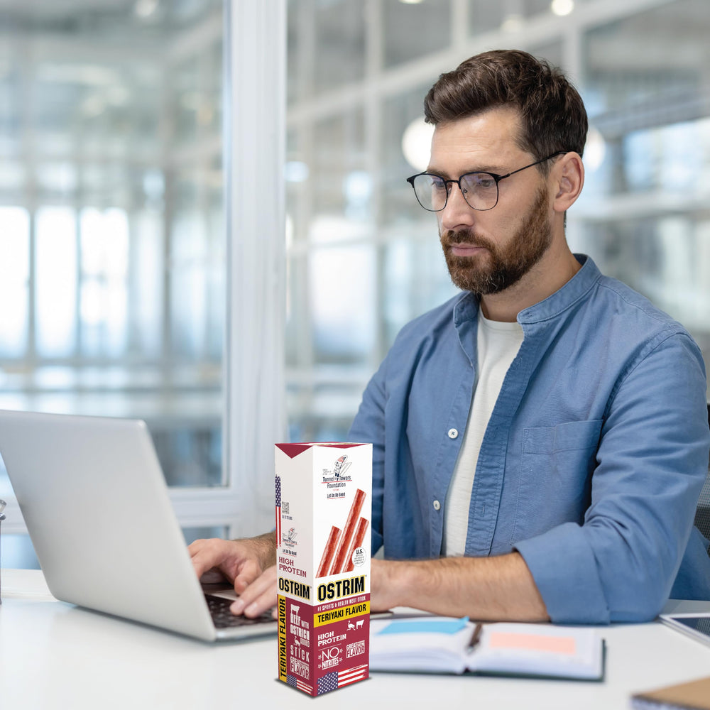 Ostrim Teriyaki jerky on-the-go packaging suitable for busy days.