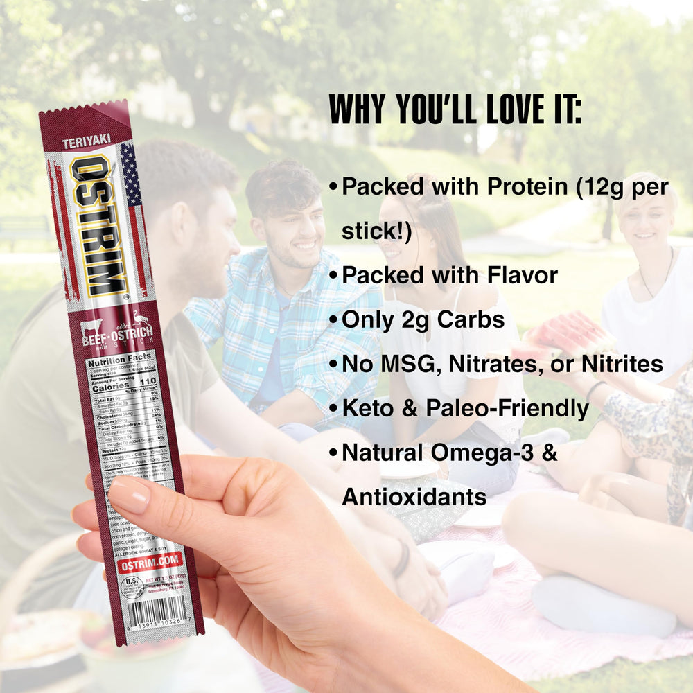 Ostrim Teriyaki jerky packaging emphasizes keto-friendly snack options.