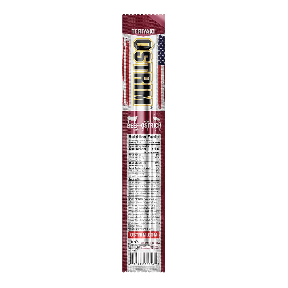 Ostrim Teriyaki jerky label highlights real ingredients.
